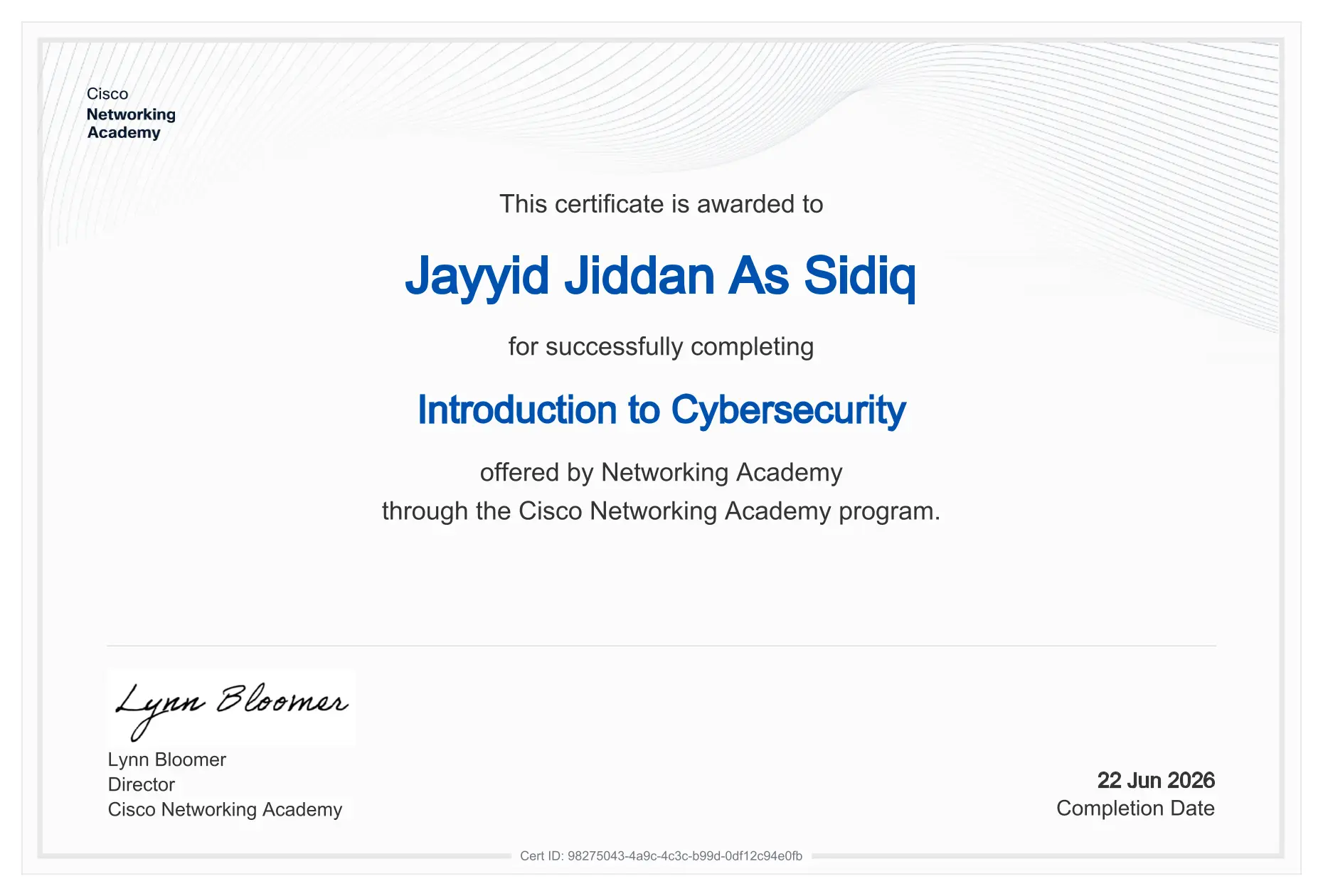Sertifikat Introduction to Cybersecurity - Jayyid Jiddan As Sidiq